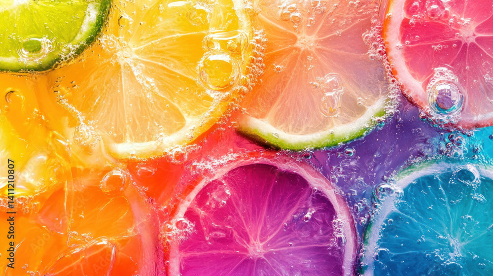 Poster a colorful image of several slices of lime arranged in a rainbow pattern. concept of freshness and v