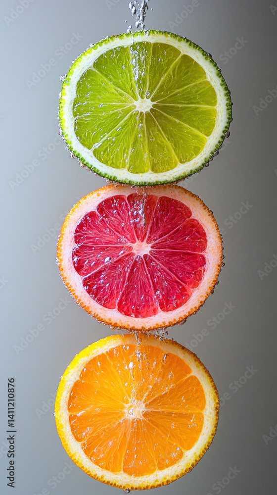 Poster three oranges are hanging from a string, each one a different color. the oranges are cut in half and
