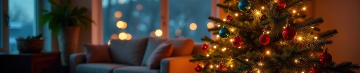 Softly glowing Christmas tree in living room with colorful ornaments and twinkling lights, christmas, cozy