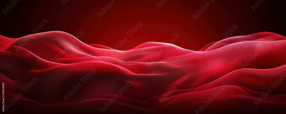 Poster a red fabric with a wave pattern is displayed. the image has a bold and vibrant feel to it, with the