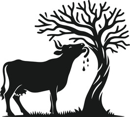 Vector silhouette of a cow with forest tree