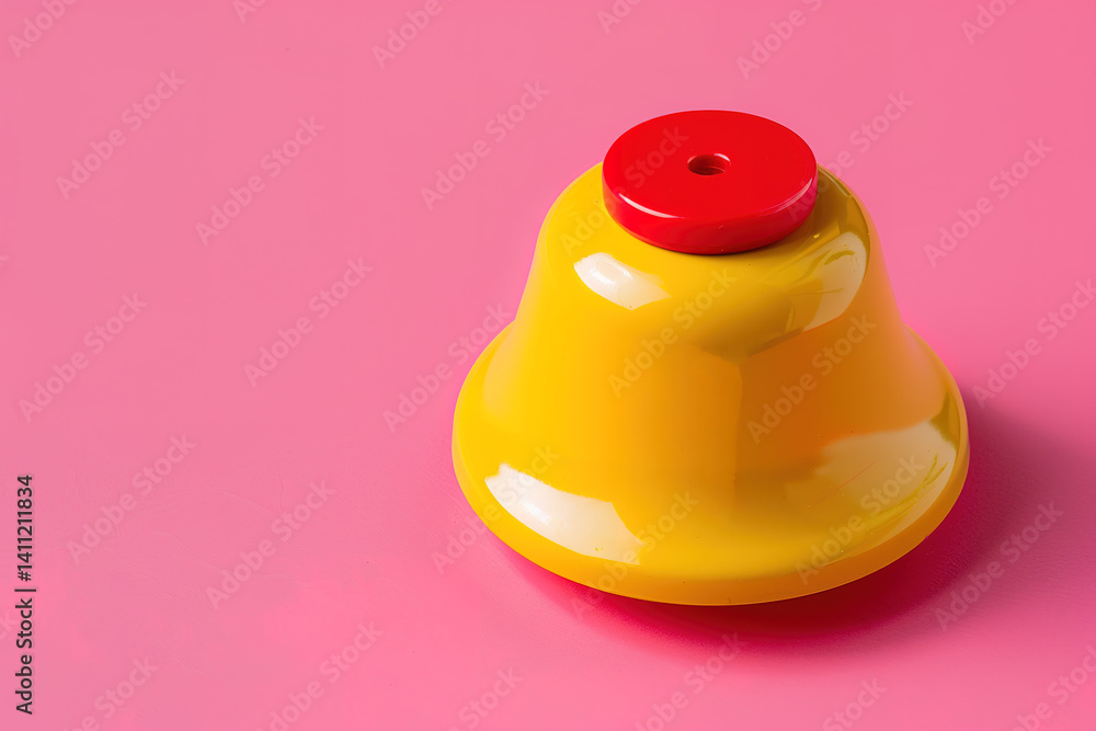 Poster bright yellow bell with a red button on a pink background minimalistic design