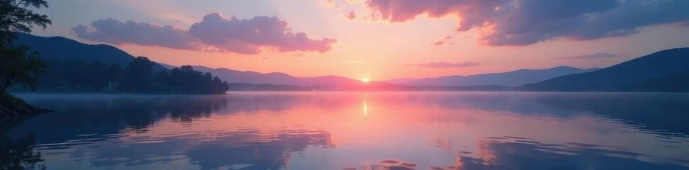 Fototapeta premium Softly lit lake surface reflecting serene dawn sky, serene atmosphere, morning mist, dawn lake