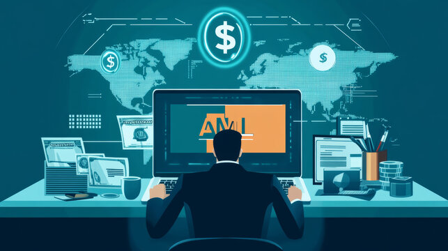 The anti-money laundering (AML) concept illustrated by a professional using a laptop with a virtual AML interface to ensure financial compliance