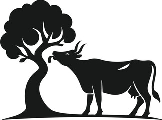 Vector silhouette of a cow with forest tree