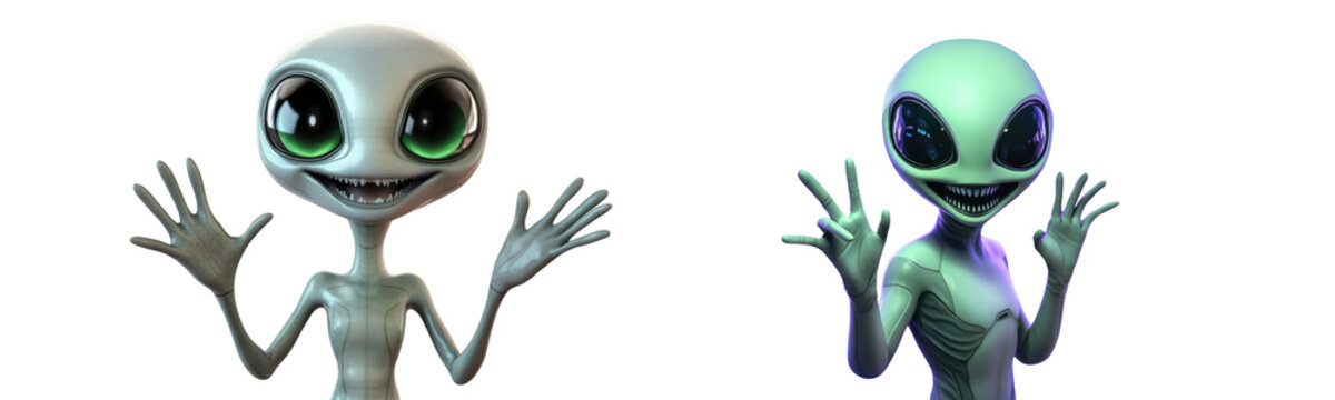 friendly aliens with peace and wave gestures on white background.