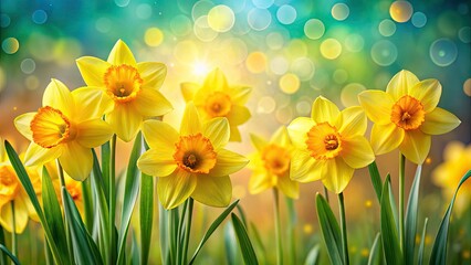 Obraz premium Vibrant Bokeh Effect with Daffodils as a Card Design for Spring Celebrations and Floral Greetings