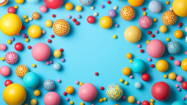 Colorful spheres and dots scattered on a vibrant blue backdrop creating a playful effect - Powered by Adobe