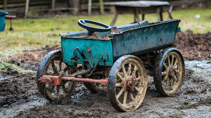 Fototapeta premium Vintage Teal And Rusty Farm Cart In Muddy Field