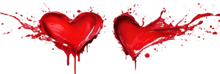 red paint hearts splashing on white background
