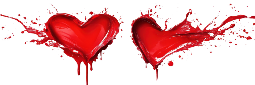red paint hearts splashing on white background