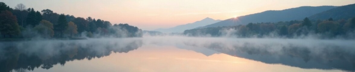 Silvery mist rising from a serene gray lake at dawn, background, lake