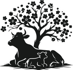 Vector silhouette of a cow with forest tree