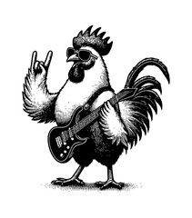 Whimsical Chicken Rockstar Cartoon Character with Guitar on Stage Illustration