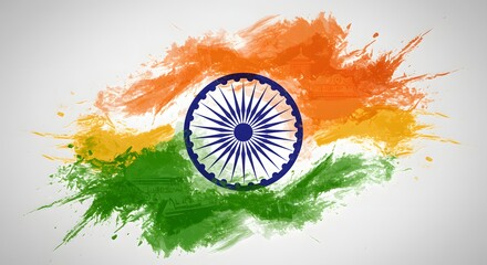 Vibrant celebration of Indian culture with watercolor splashes in saffron, white, and green showcasing the national flag and Ashoka Chakra emblem against a light background Generative AI