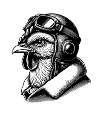 Funny Chicken Head Wearing Pilot Hat and Goggles Flying Plane with Happy Expression Illustration