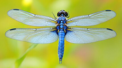A beautiful blue dragonfly with spread wings against the soft background