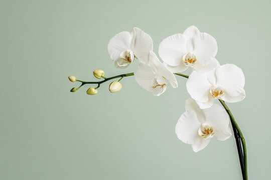 Elegant white orchids gracefully arranged against a pale green backdrop.
