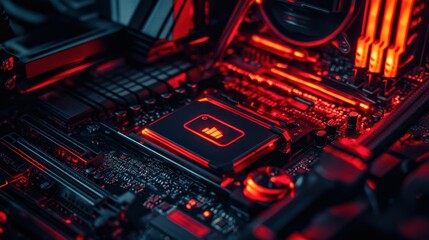 Fototapeta premium Illuminated computer component with a red glow within a dark system