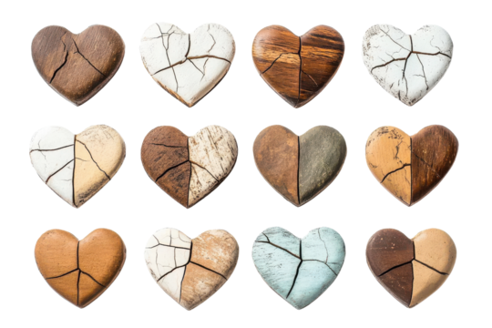 cracked hearts set, isolated on white background