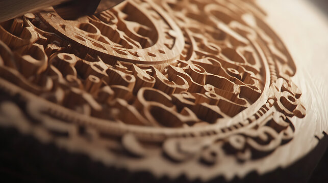Carpenter cutting intricate designs into wood. Featuring craftsmanship and detail work