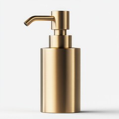 Obraz premium A golden cylindrical soap dispenser with a curved nozzle on a white background