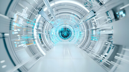 Futuristic White Tunnel With Glowing Technology Lines