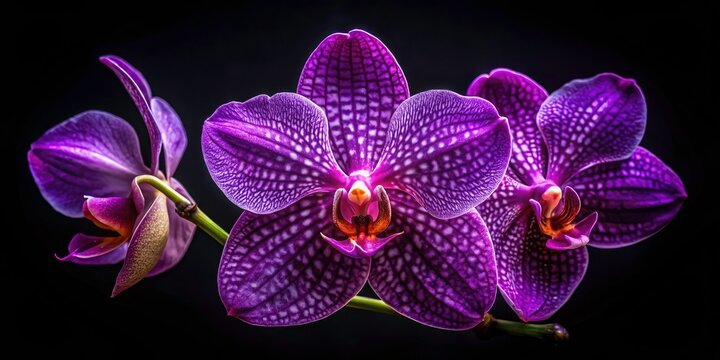Vintage Purple Papilionanda Orchid Close-up, Black Background, Vanda Orchid Photography