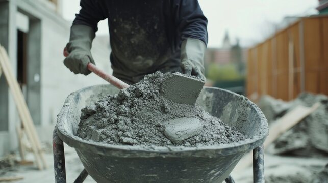 A construction worker mixing cement in a wheelbarrow at a site. Featuring teamwork and effort