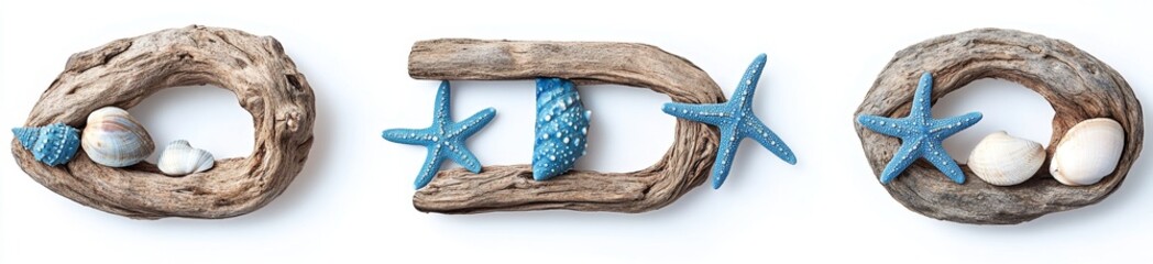 Fototapeta premium Driftwood Frames with Seashells and Starfish