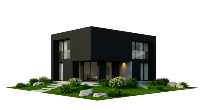 Modern black house with green grass and stone pathway on isolated black background, daytime view and green plant, and green landscape