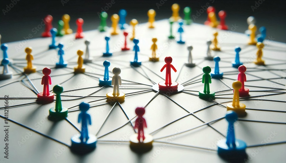 Wall mural teamwork and connection network concept — wooden figures connected by strings on board.