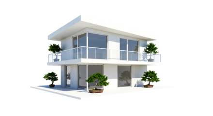 A contemporary white house with large windows and balconies adorned with potted bonsai trees near edge and green plant, and green landscape