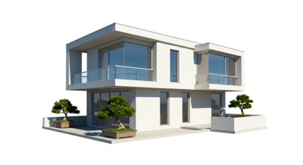 A modern white two story house with large windows and bonsai trees on a black background scene render and green plant, and green landscape