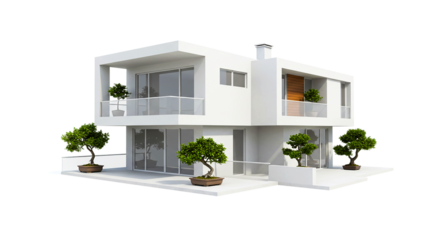 A modern white two story house with glass windows and bonsai trees on a black background space around it and green plant, and green landscape