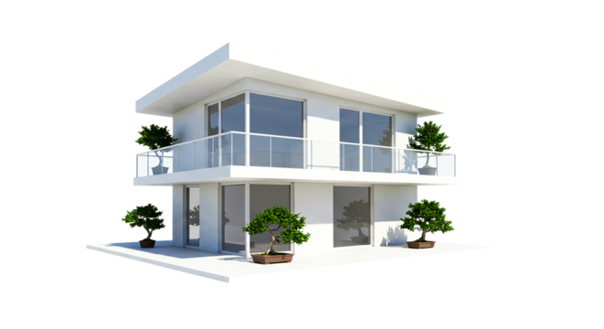 A contemporary white house with large windows and balconies adorned with potted bonsai trees near edge and green plant, and green landscape