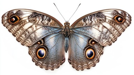 A detailed view of a vibrant butterfly on a white background