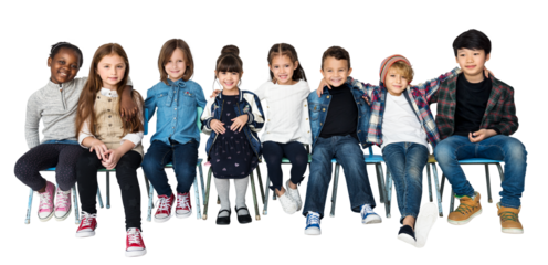 Png kids in a row sticker, transparent background