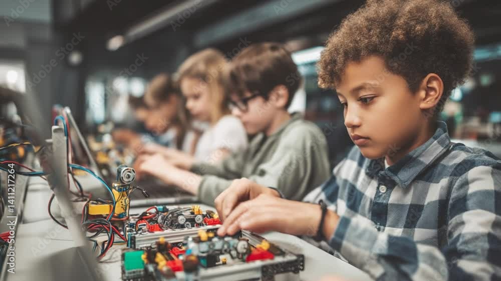 Poster multiracial children engaged in robotics programming class generative ai