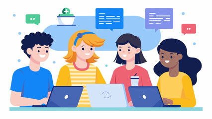 A group of teens work together on a Google Doc writing out code and making edits in real time.. Vector illustration