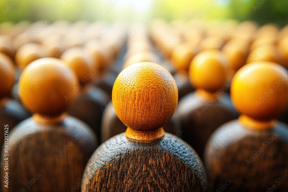 Poster crowd of wooden figurines in a forest setting highlighting individuality and unity in a unique persp