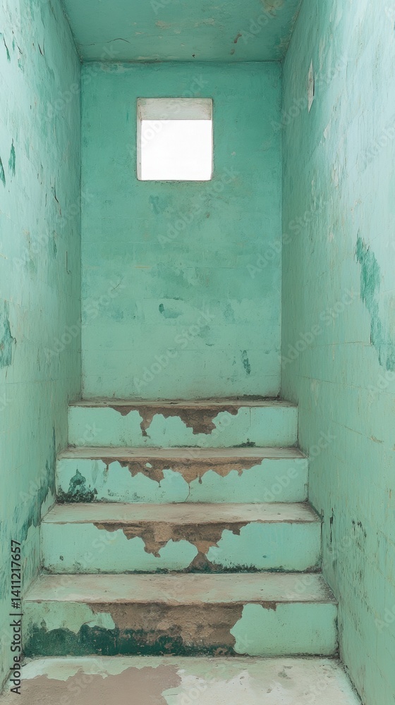 Poster a narrow, worn staircase with peeling mint-green walls and a small window at the top, creating a sen