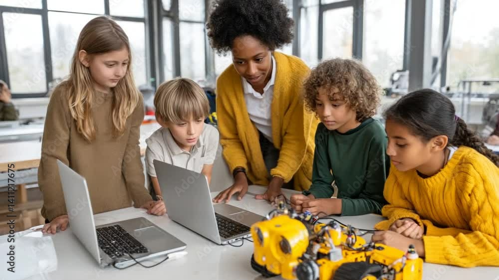 Poster multiracial schoolchildren engaged in robotics programming class generative ai