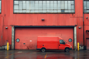 Red van parked in front of red building with graffiti walls. Street scene portrays urban vibes and vibrant colors.
