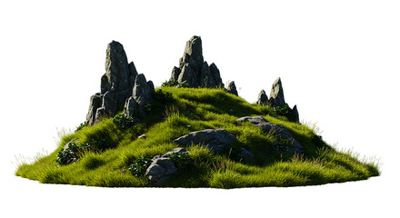 A grassy hill with rock formations and scattered boulders under bright sunlight against black background and green plant, and green landscape