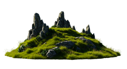 A grassy hill with rock formations and scattered boulders under bright sunlight against black background and green plant, and green landscape