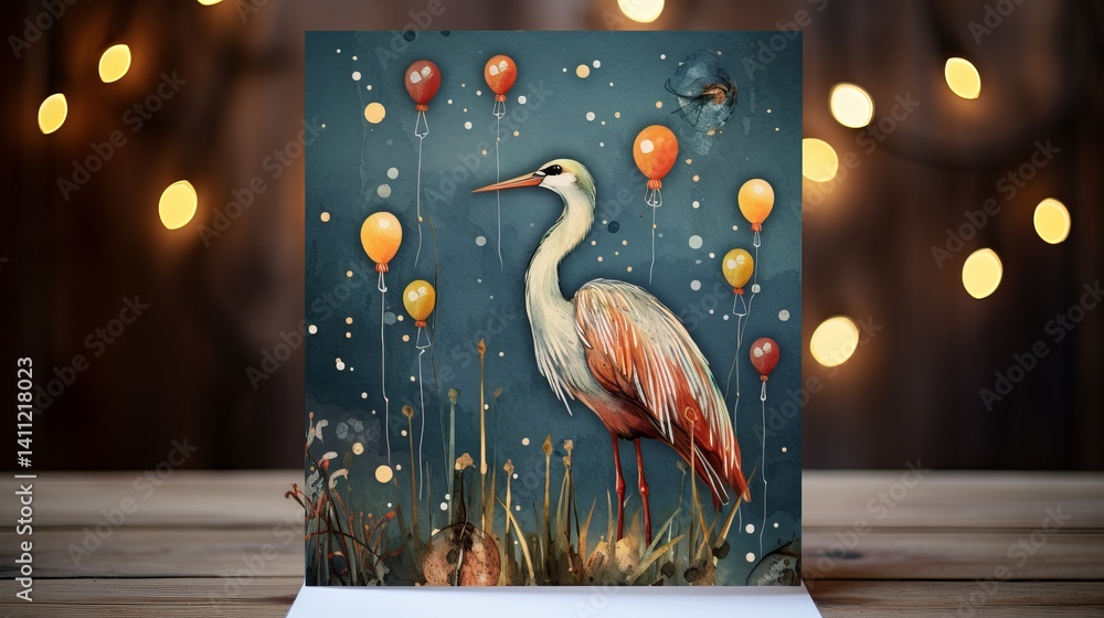 Poster a heron surrounded by balloons in a whimsical painting displayed on a wooden surface with bokeh ligh