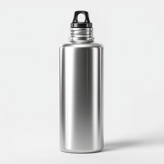 Sleek, stainless steel water bottle with a black cap.