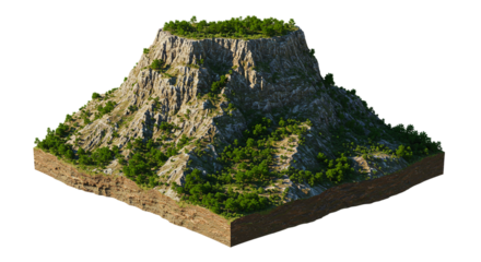 Isometric view of a rocky mountain with trees on top and sides against a black background scene render and green plant, and green landscape