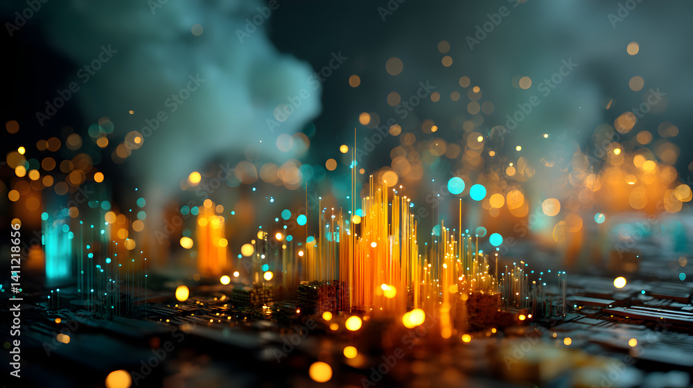 Poster abstract representation of a digital cityscape with glowing lights and colorful data visualizations 